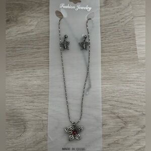 Silver Butterfly Necklace Earrings Set Red Gem Pendant NEW